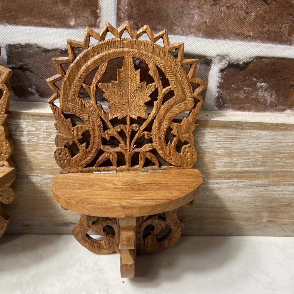 Vintage Pair (2) Hand Carved Wooden Folding Wall Shelf Maple Leaf Carving
